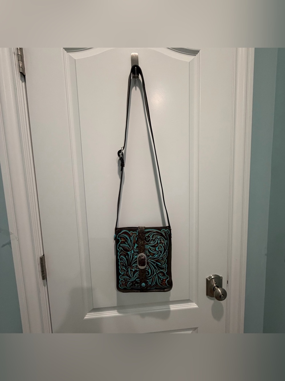 Patricia Nash Venezia Crossbody Bag in Brown & Turquoise Hand Tooled Leather